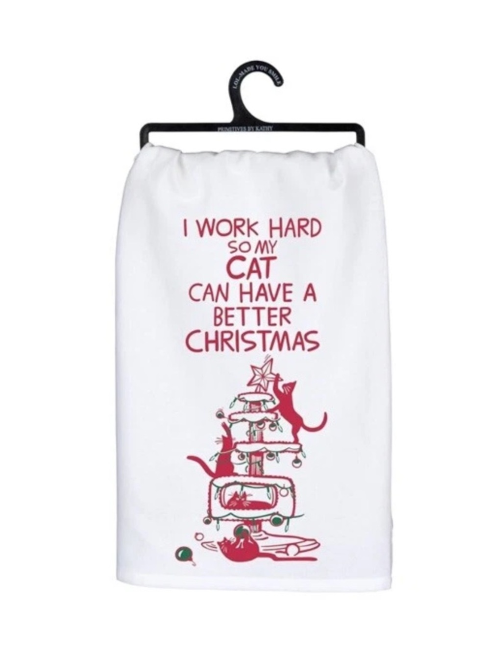 White Christmas Cat Kitchen Towel - Red & Green Print